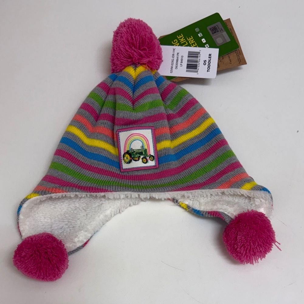 NWT John Deere Toddler Striped Pom-Pom Earflap Hat